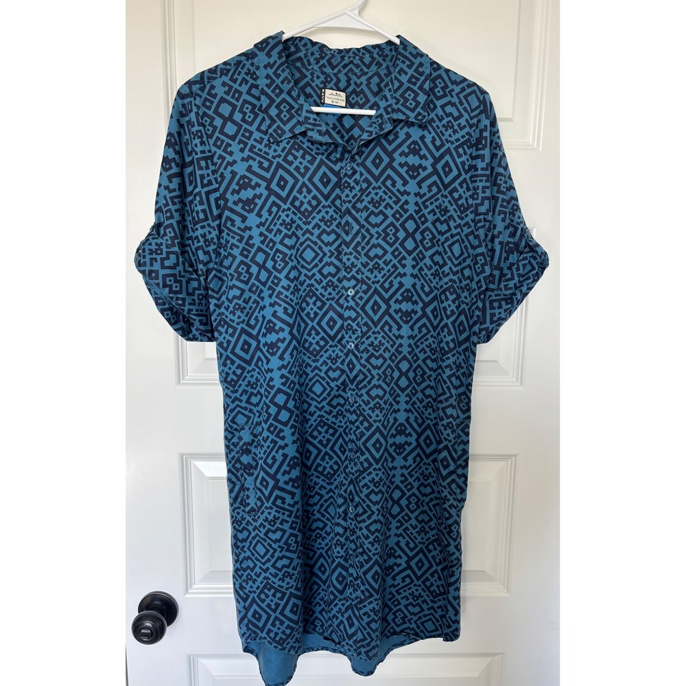 KAVU Kuta Shirt Dress Women Medium Blue Geometric Tencel Short Sleeve Button